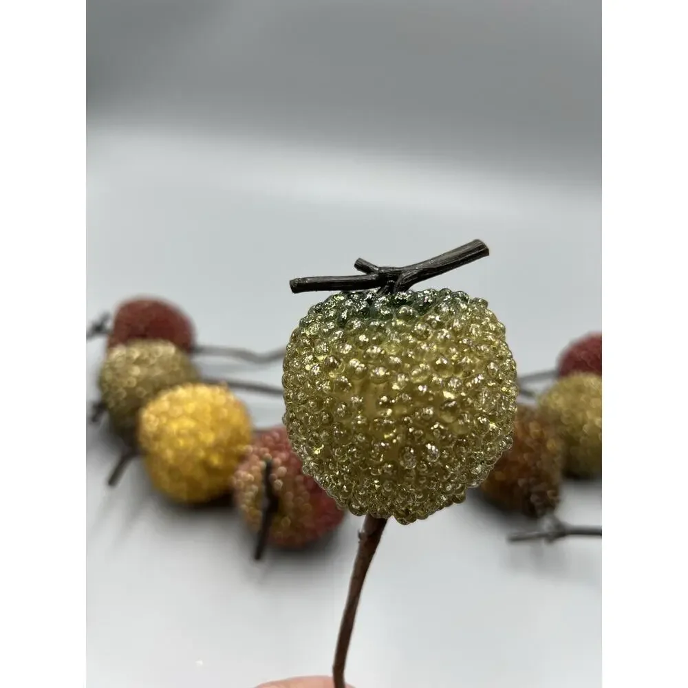 9 Vtg Glass Sugared Beaded Fruit Floral Picks Xmas Ornaments Apples Pear Jeweled